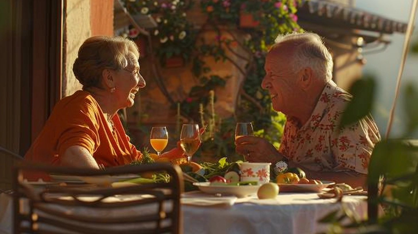 Щаслива старша пара насолоджується здоровою їжею на відкритому повітрі